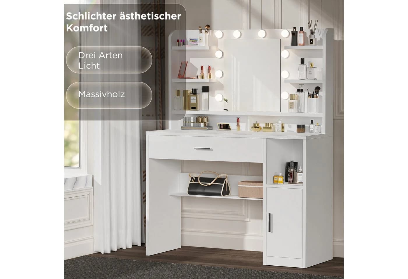 oyajia Schminktisch mit LED-Beleuchtung, einstellbare Helligkeit, 1 Schublade, Weiß - Bild 4