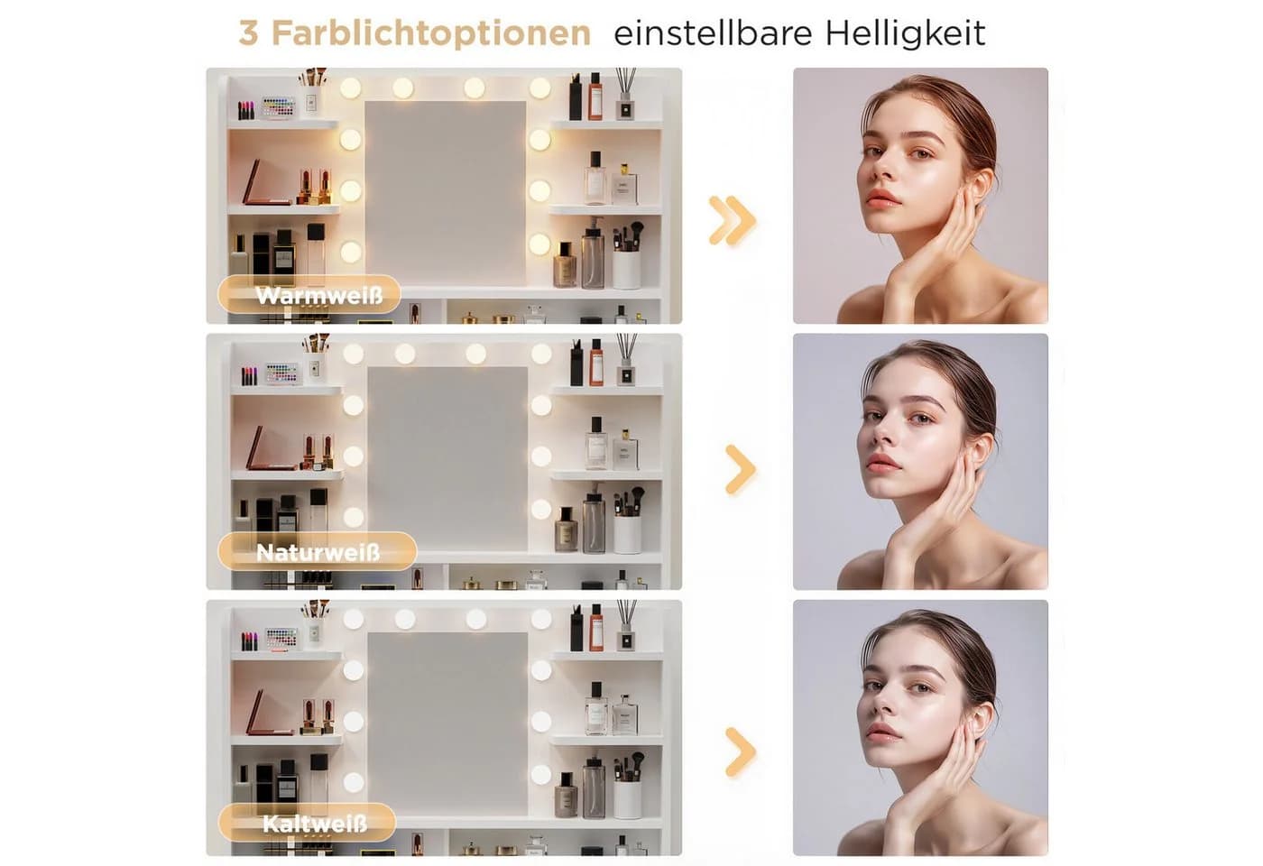 oyajia Schminktisch mit LED-Beleuchtung, einstellbare Helligkeit, 1 Schublade, Weiß - Bild 5