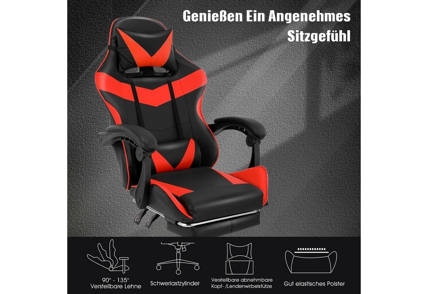 oyajia Gaming-Stuhl Ergonomisch Schwarz/Rot mit Massagefunktion - Bild 4