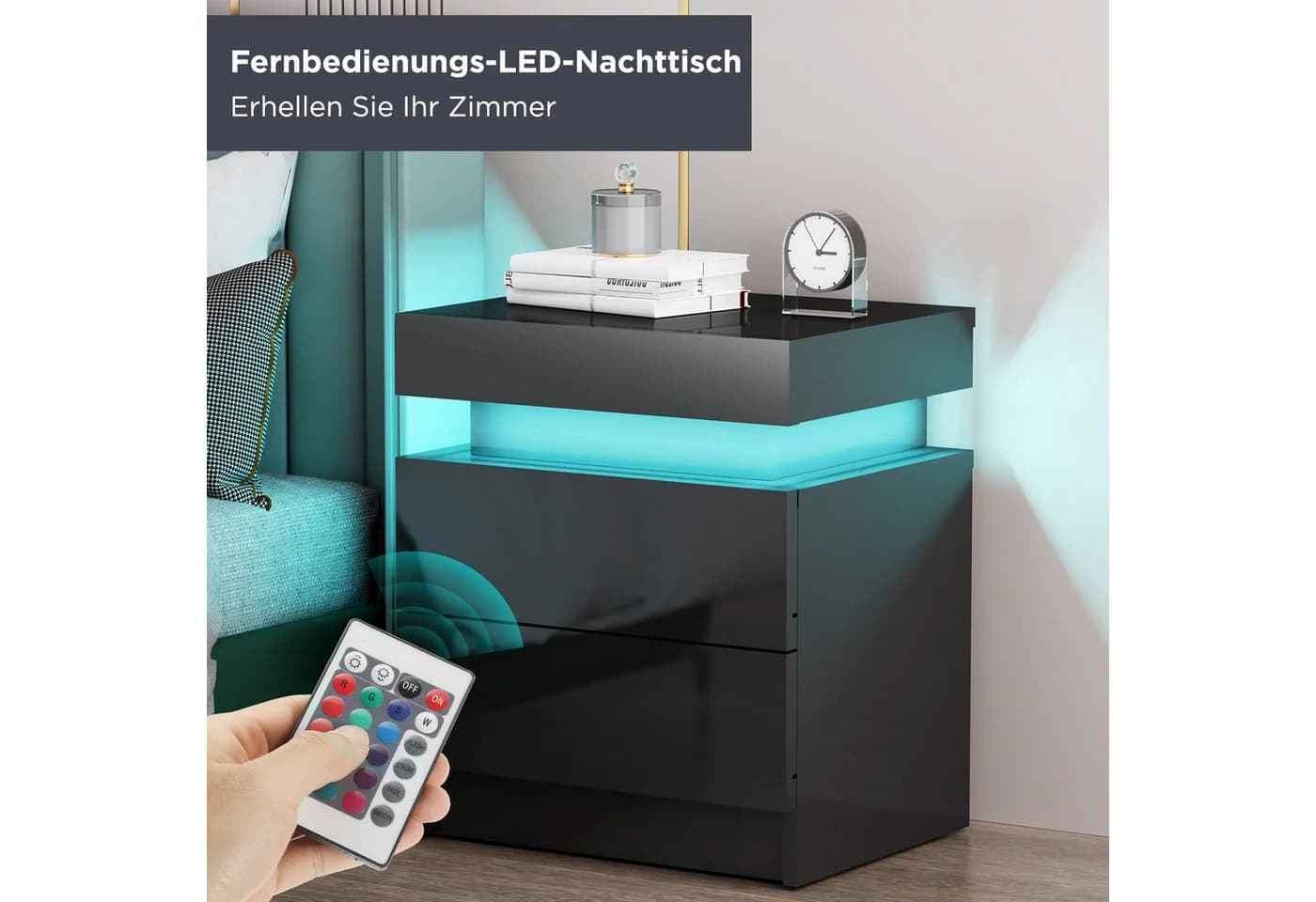 oyajia Nachttisch Hochglanz 2 Schubladen LED-Beleuchtung 16 Farben Schwarz/Weiß - Bild 5