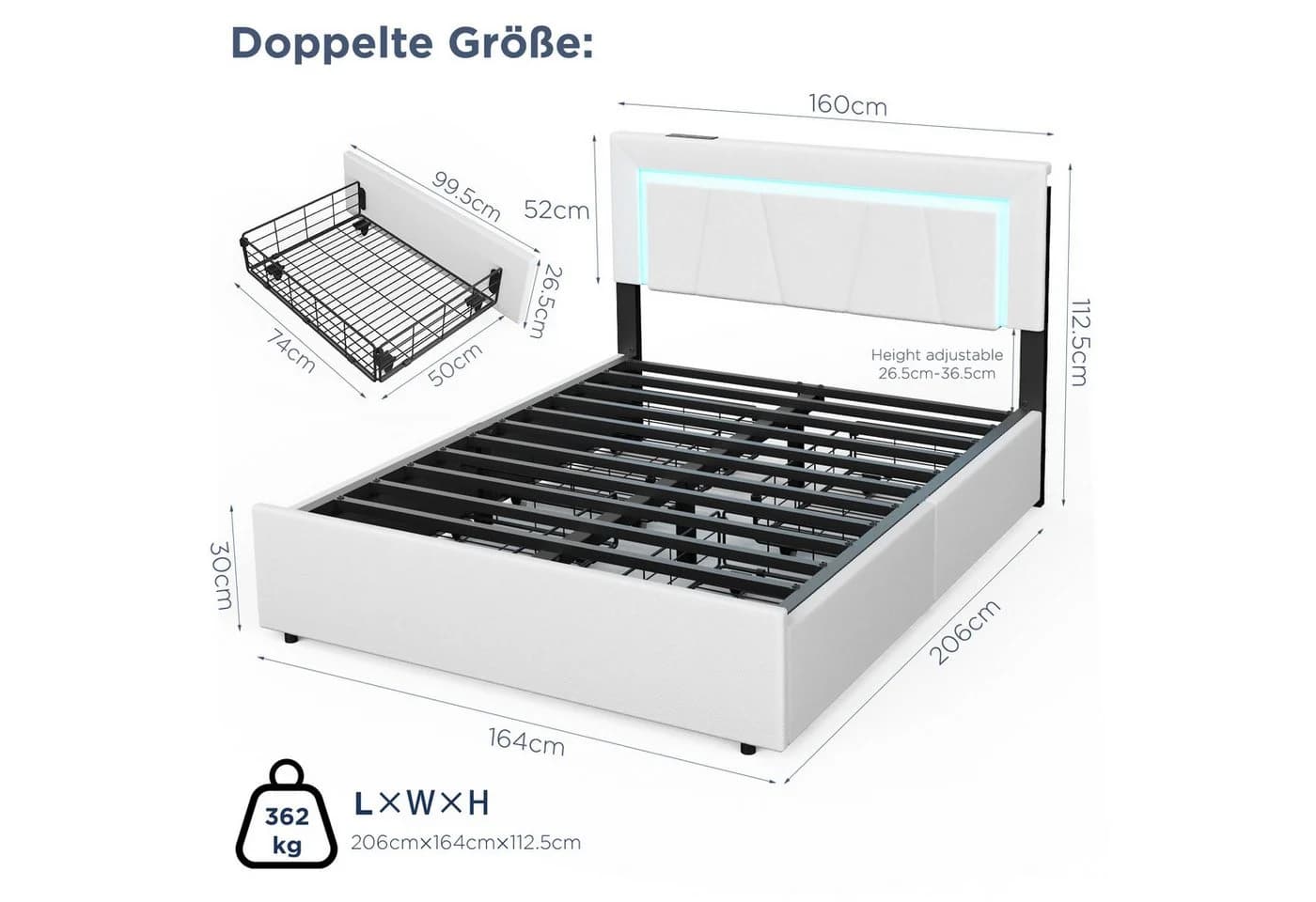 WILGOON Polsterbett LED Doppelbett 160x200 cm mit 4 Schubladen und Lattenrost - Bild 3