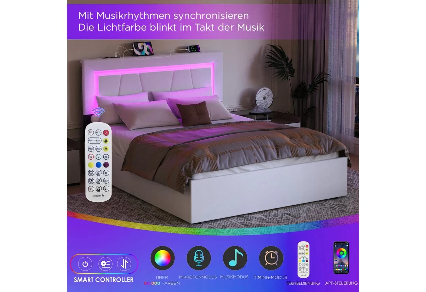 WILGOON Polsterbett LED Doppelbett 160x200 cm mit 4 Schubladen und Lattenrost - Bild 4