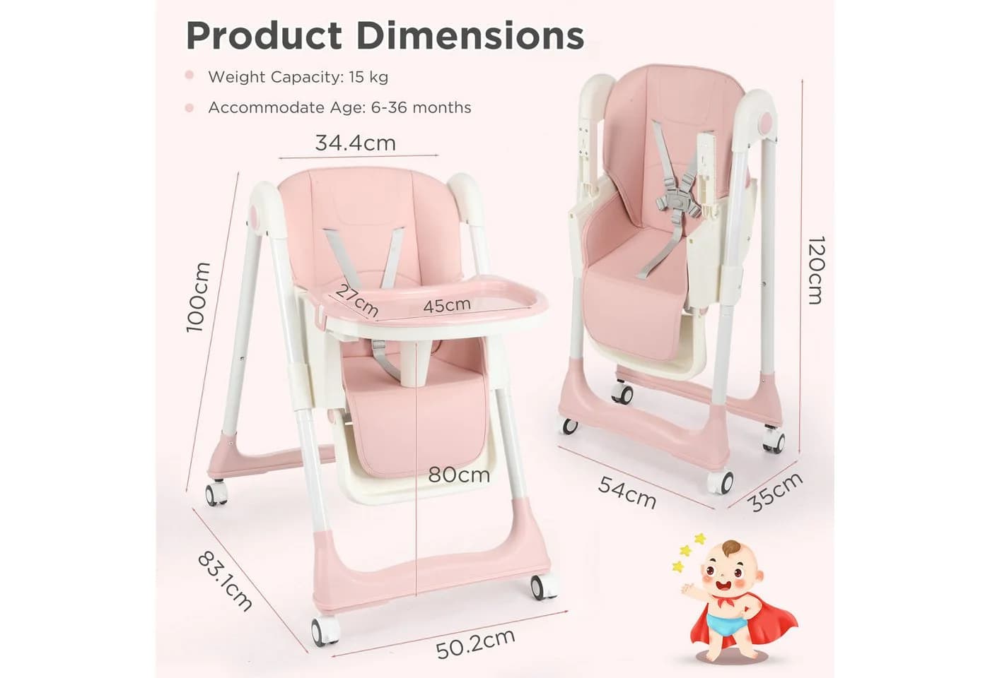 oyajia Kinderstuhl Rosa Klappbar Mitwachsend 5-Punkt-Gurt - Bild 5