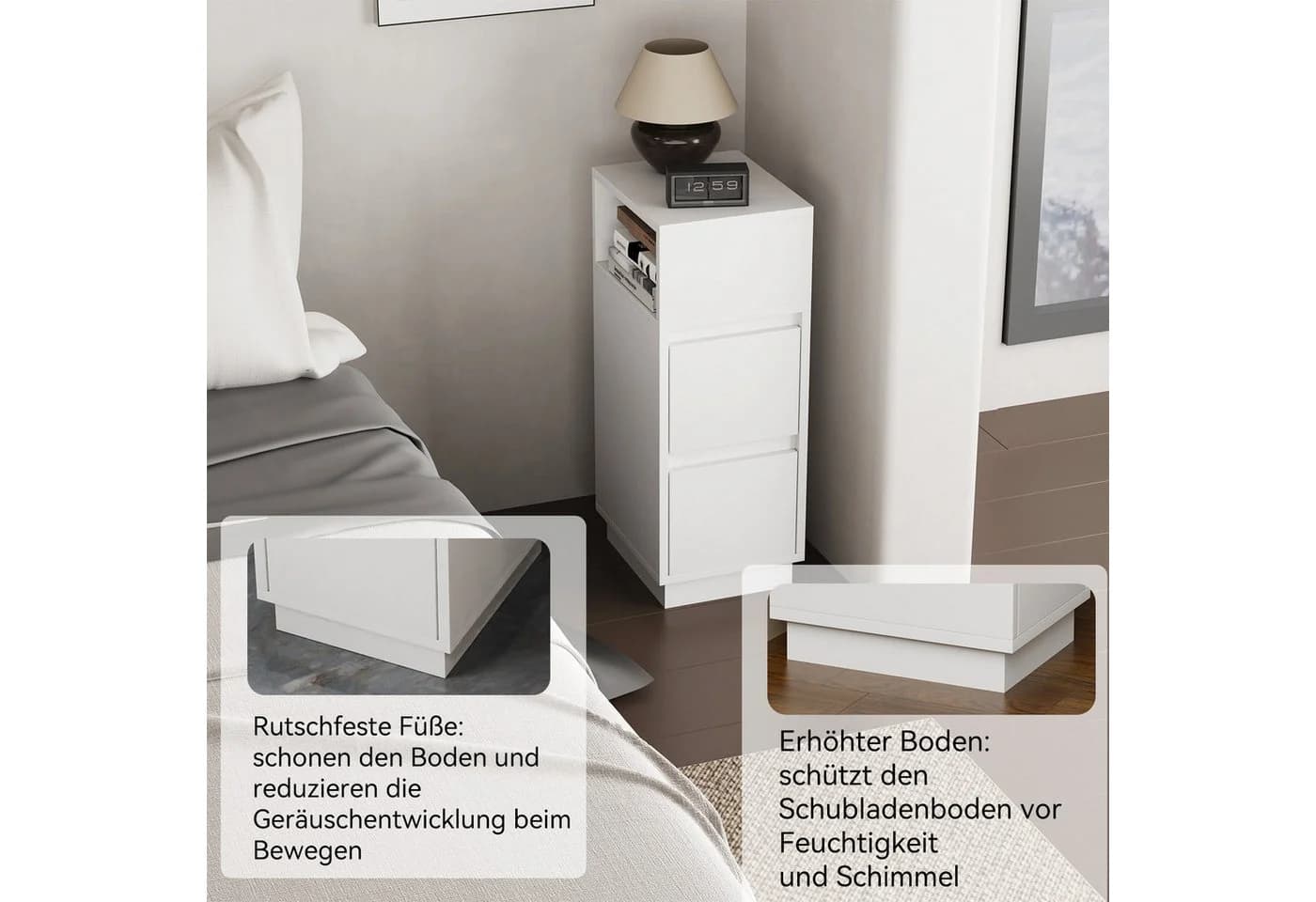 oyajia Nachttisch Modern 2 Schubladen Weiß 25x30x65 cm - Bild 5