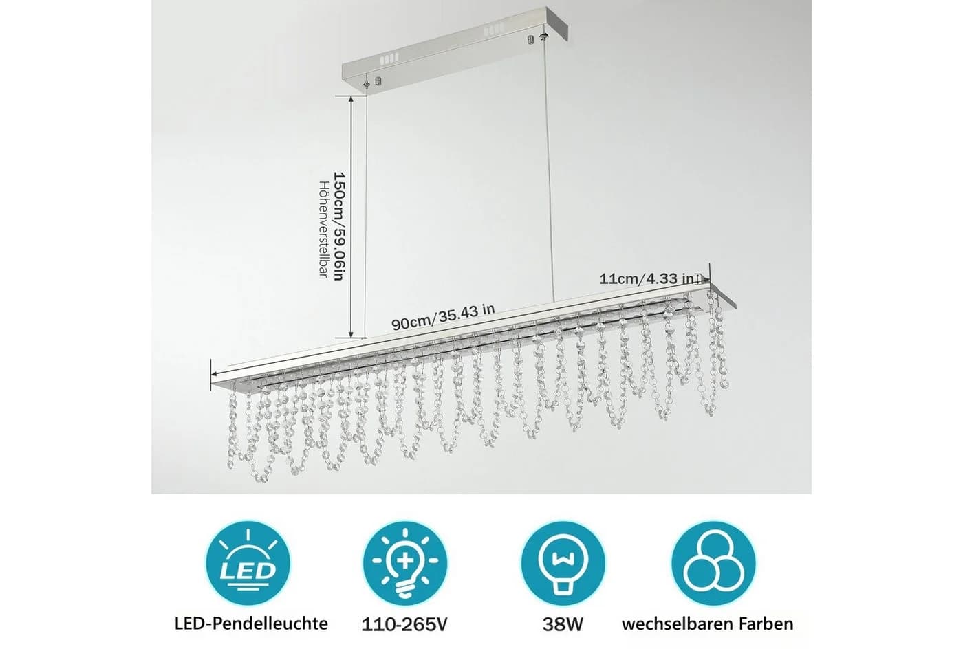 WILGOON LED Pendelleuchte 38W Kristall Dimmbar Silber Fernbedienung - Bild 5