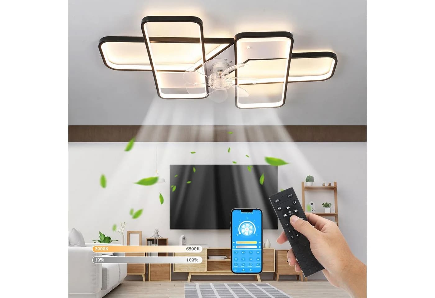 oyajia Deckenleuchte mit Ventilator 48W LED Dimmbar Schwarz