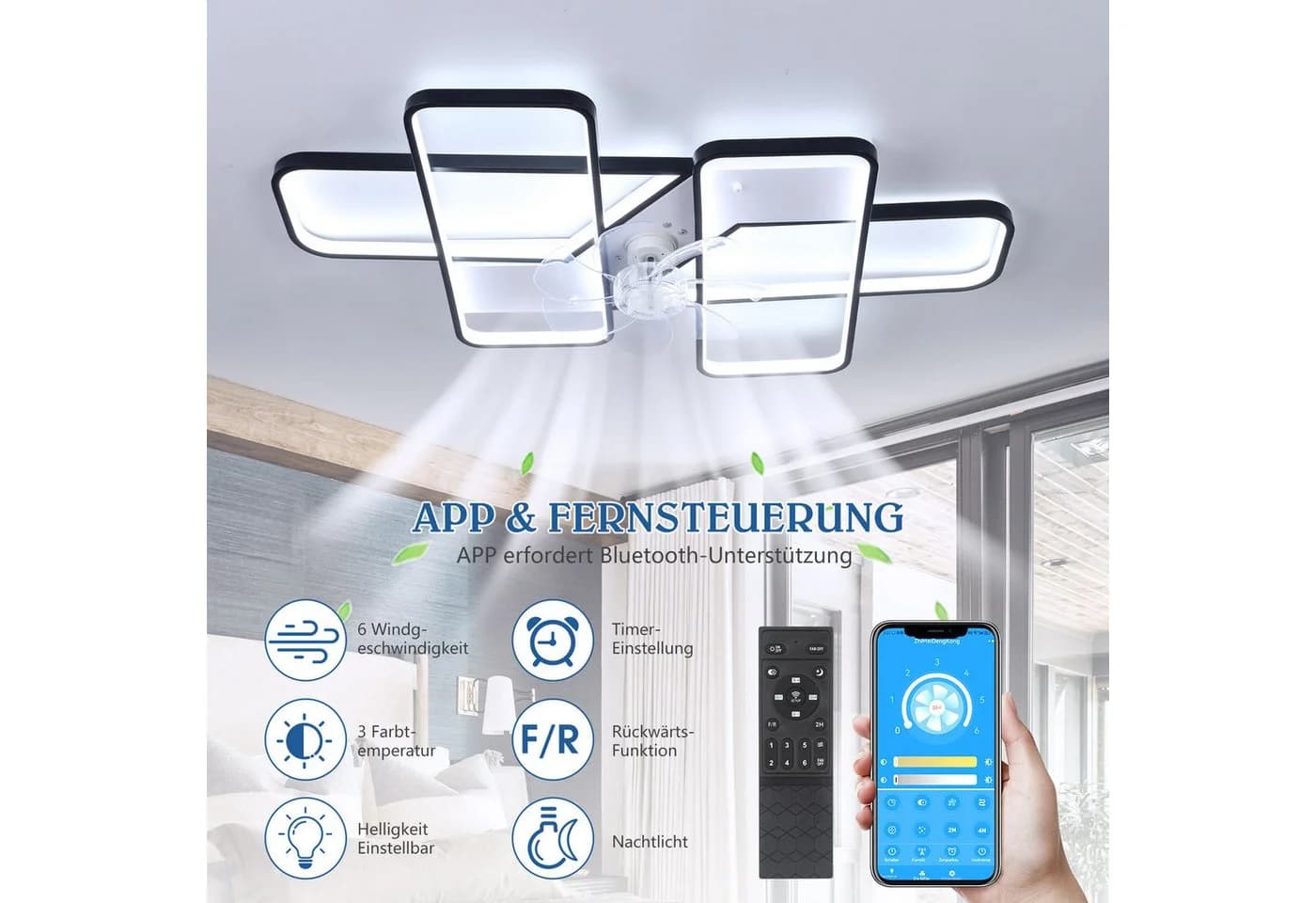 oyajia Deckenleuchte mit Ventilator 48W LED Dimmbar Schwarz - Bild 3