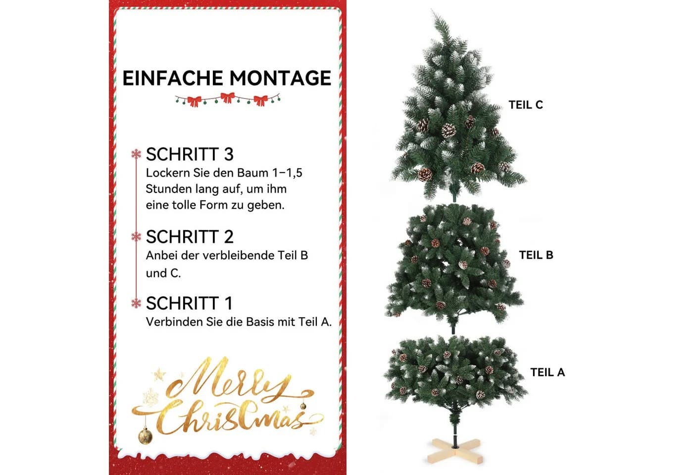 oyajia Künstlicher Weihnachtsbaum 1400 Zweige 35 Zapfen Holzständer - Bild 3