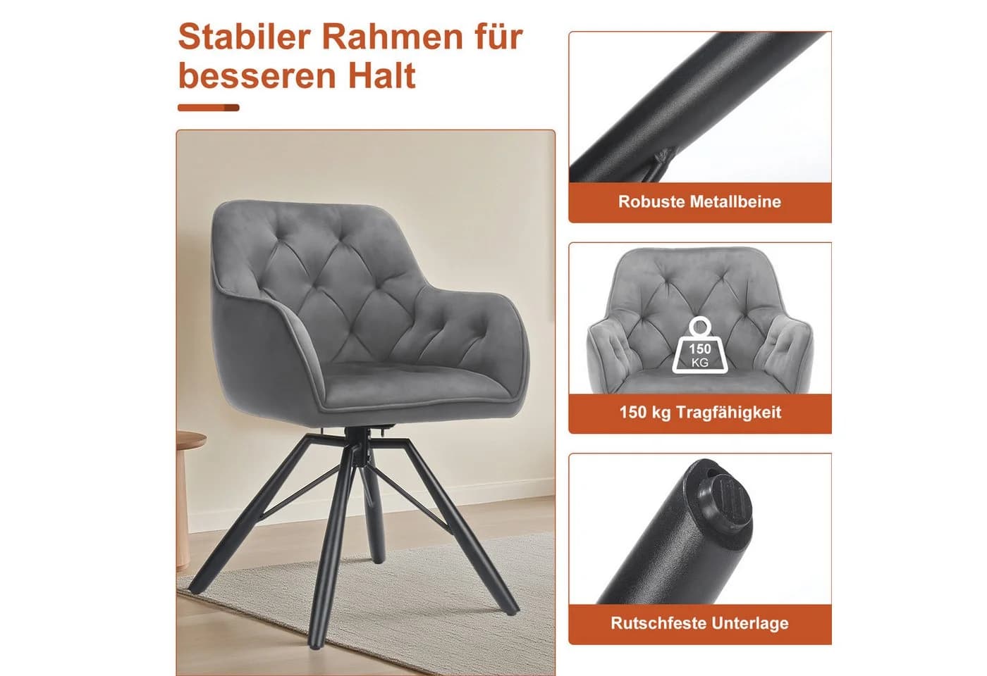 oyajia Polsterstuhl Esszimmerstuhl 360° drehbar Samt Schwarz/Grau - Bild 3