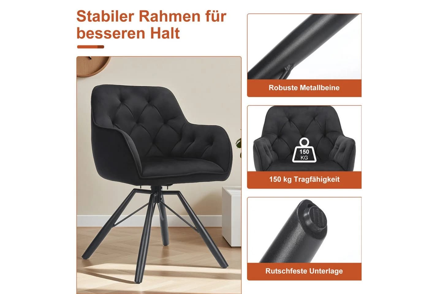 oyajia Polsterstuhl Esszimmerstuhl mit Armlehne Samt-Bezug Schwarz/Grau 360° drehbar - Bild 5