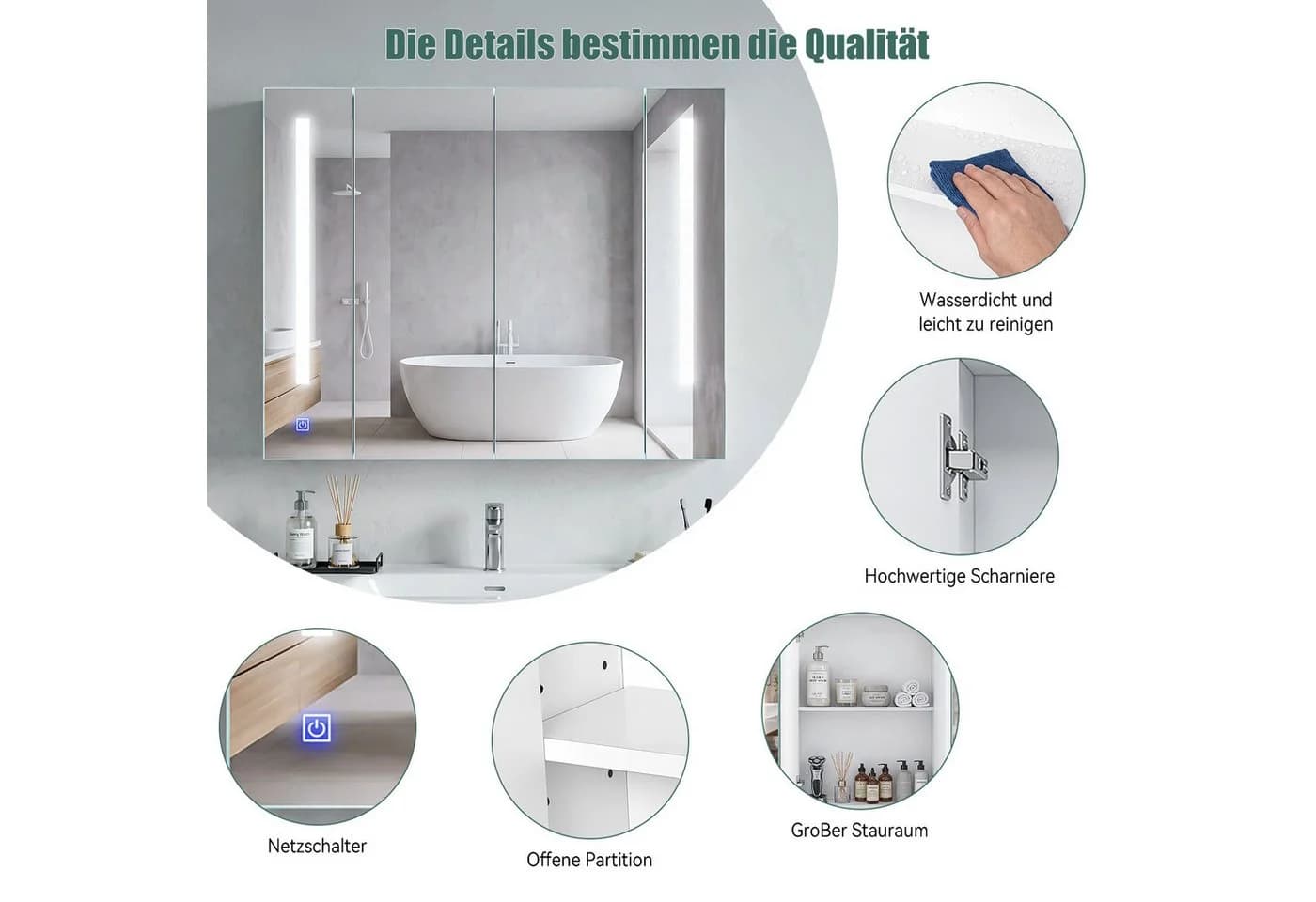 oyajia Spiegelschrank mit LED-Beleuchtung und verstellbaren Regalen - Bild 3