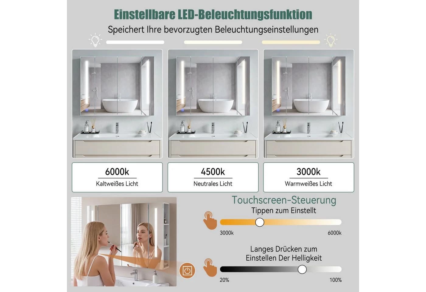 oyajia Spiegelschrank mit LED-Beleuchtung und verstellbaren Regalen - Bild 4