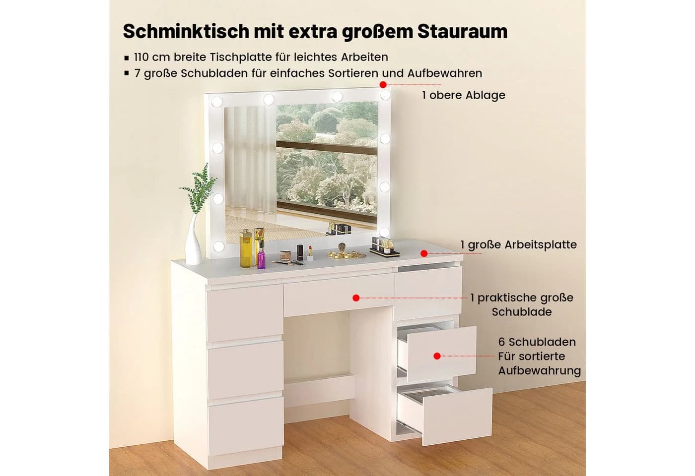 oyajia Schminktisch mit LED-Beleuchtung, 7 Schubladen, Weiß - Bild 4