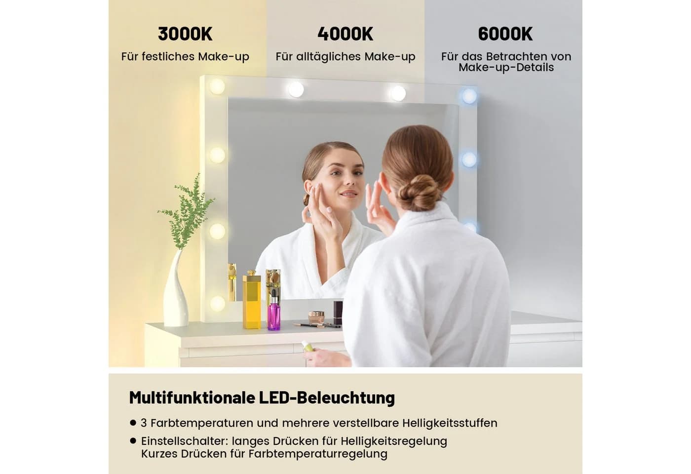 oyajia Schminktisch mit LED-Beleuchtung, 7 Schubladen, Weiß - Bild 5