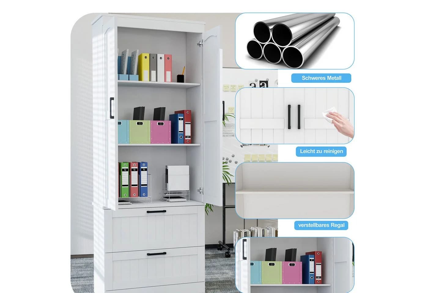 oyajia Hochschrank Mehrzweckschrank, 2 Türen und 2 Schubladen, Weiß, Landhausstil