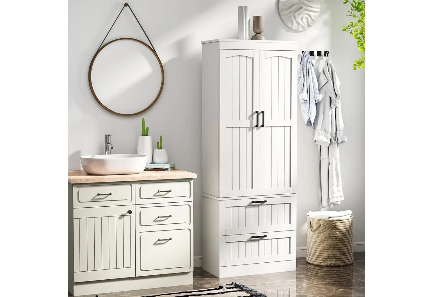 oyajia Hochschrank Mehrzweckschrank, 2 Türen und 2 Schubladen, Weiß, Landhausstil - Bild 2