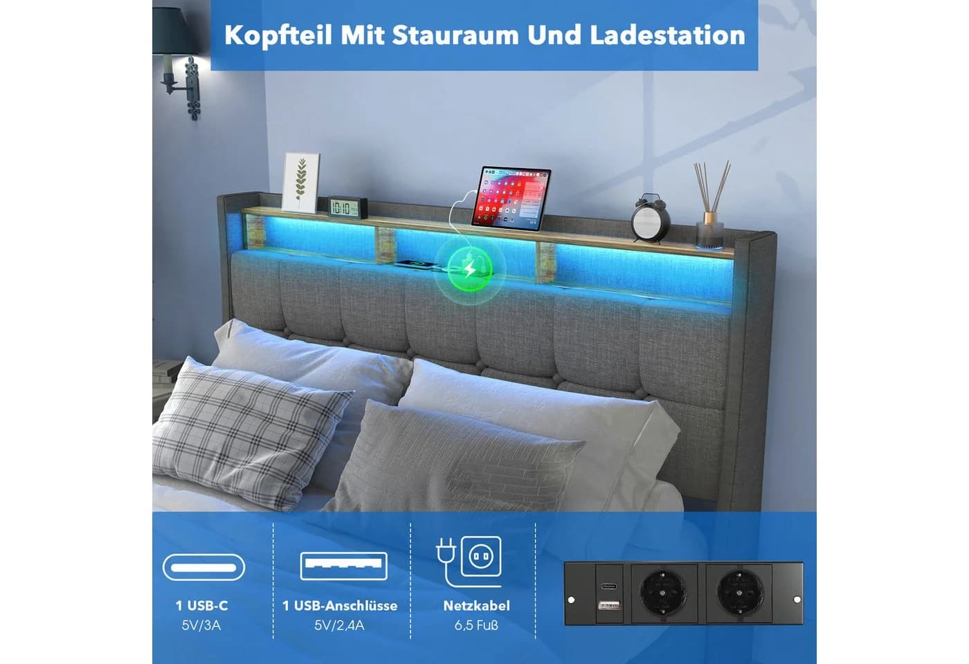 oyajia Polsterbett Doppelbett mit LED-Licht 140x200 cm, Hydraulisch anhebbarer Stauraumbett - Bild 4