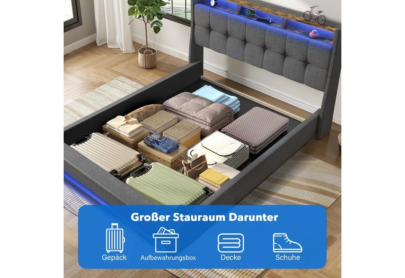 oyajia Polsterbett Doppelbett mit LED-Licht 140x200 cm, Hydraulisch anhebbarer Stauraumbett - Bild 5