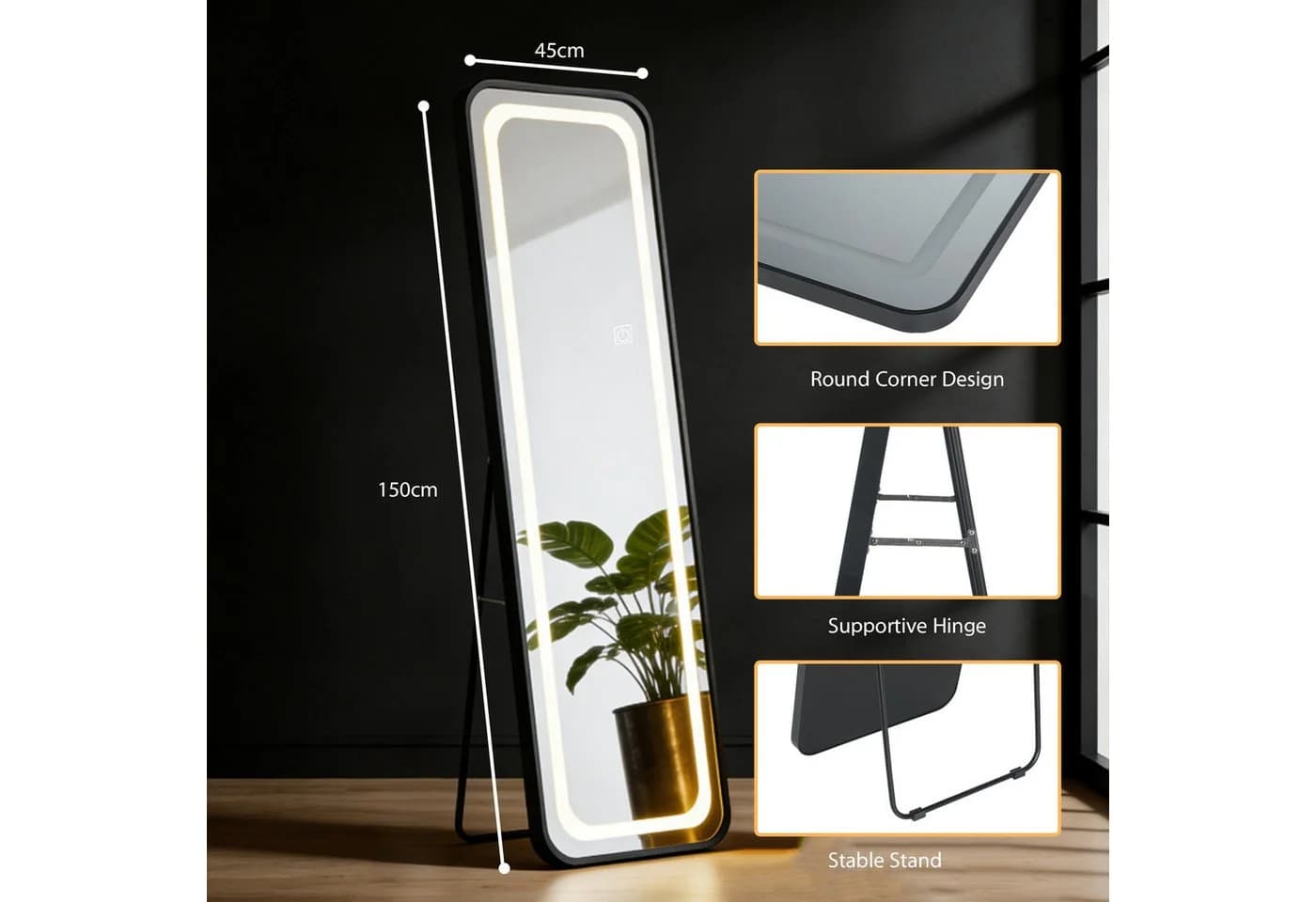 WILGOON Ganzkörperspiegel mit LED-Licht 150x45 cm Stand- oder Wandmontage