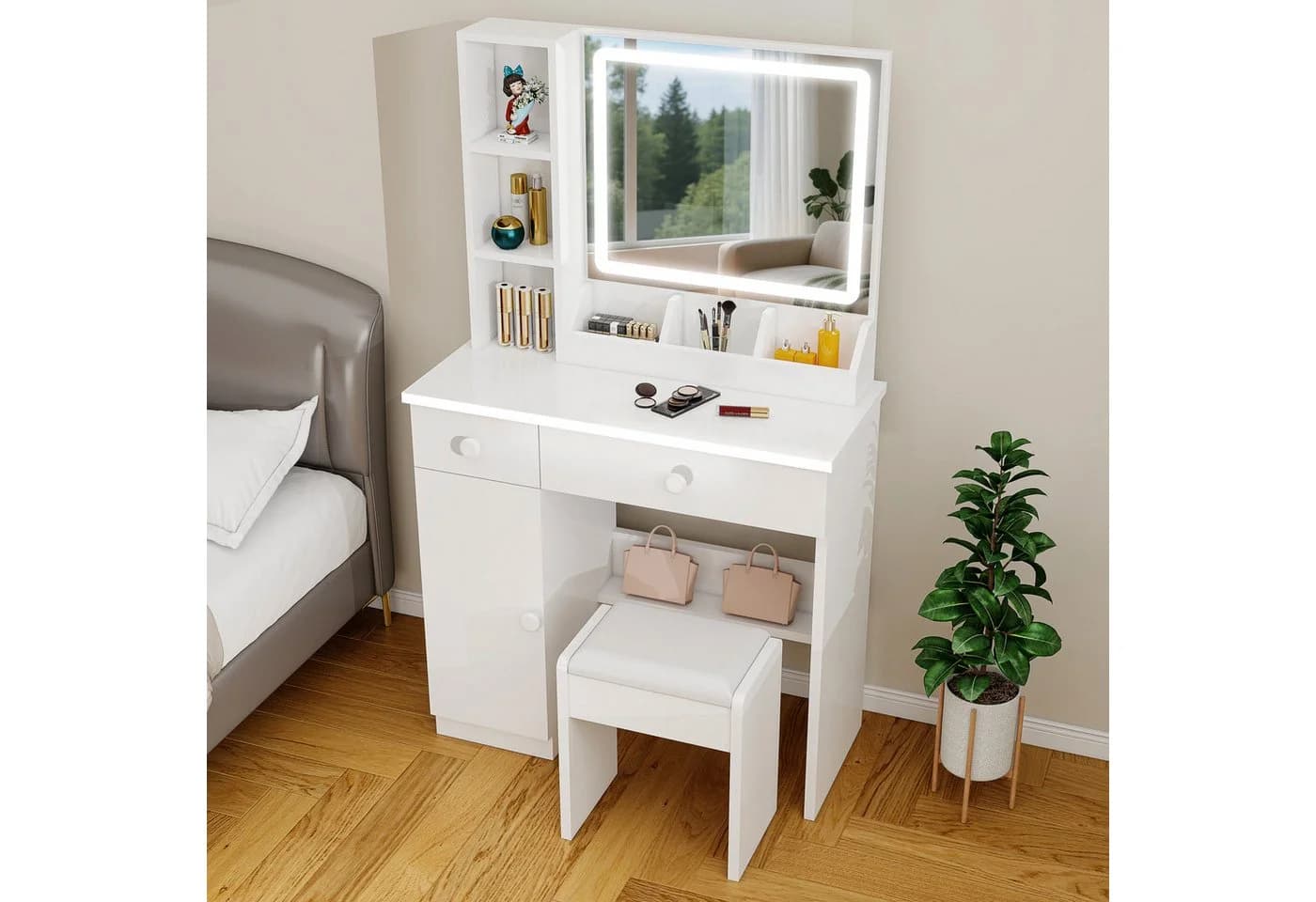 oyajia Schminktisch Frisiertisch Kosmetiktisch 2 Schubladen LED-Beleuchtung Weiß - Bild 4