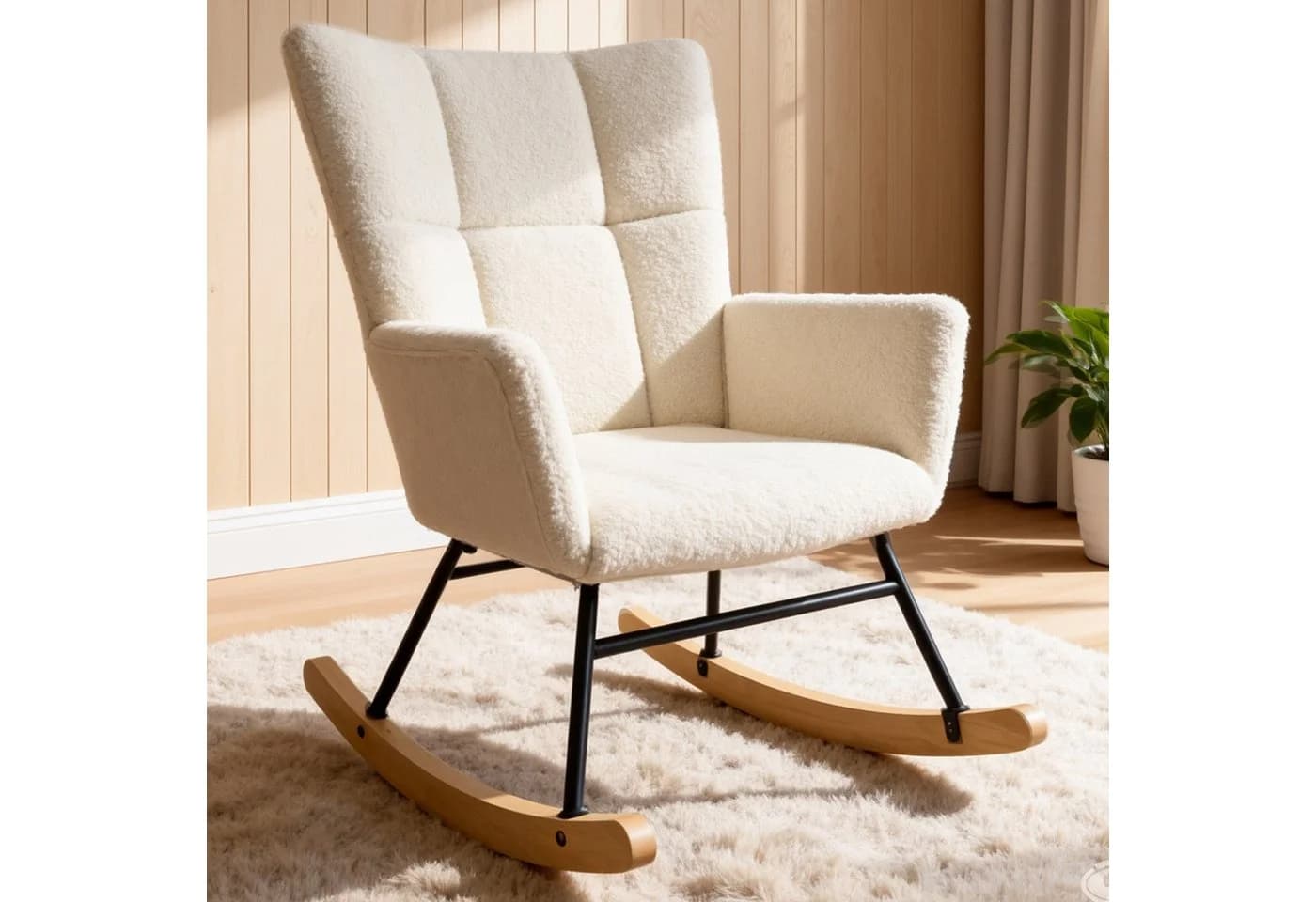 oyajia Schaukelstuhl Stillsessel Relaxsessel Loungesessel Teddysamt Metallgestell Holzsockel