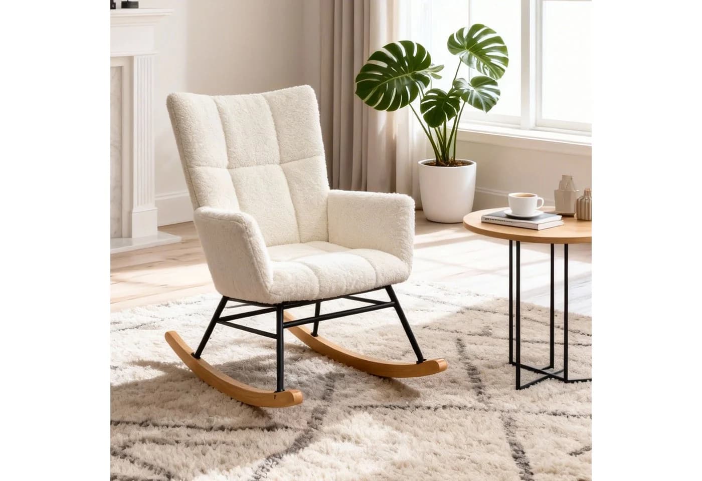 oyajia Schaukelstuhl Stillsessel Relaxsessel Loungesessel Teddysamt Metallgestell Holzsockel - Bild 2