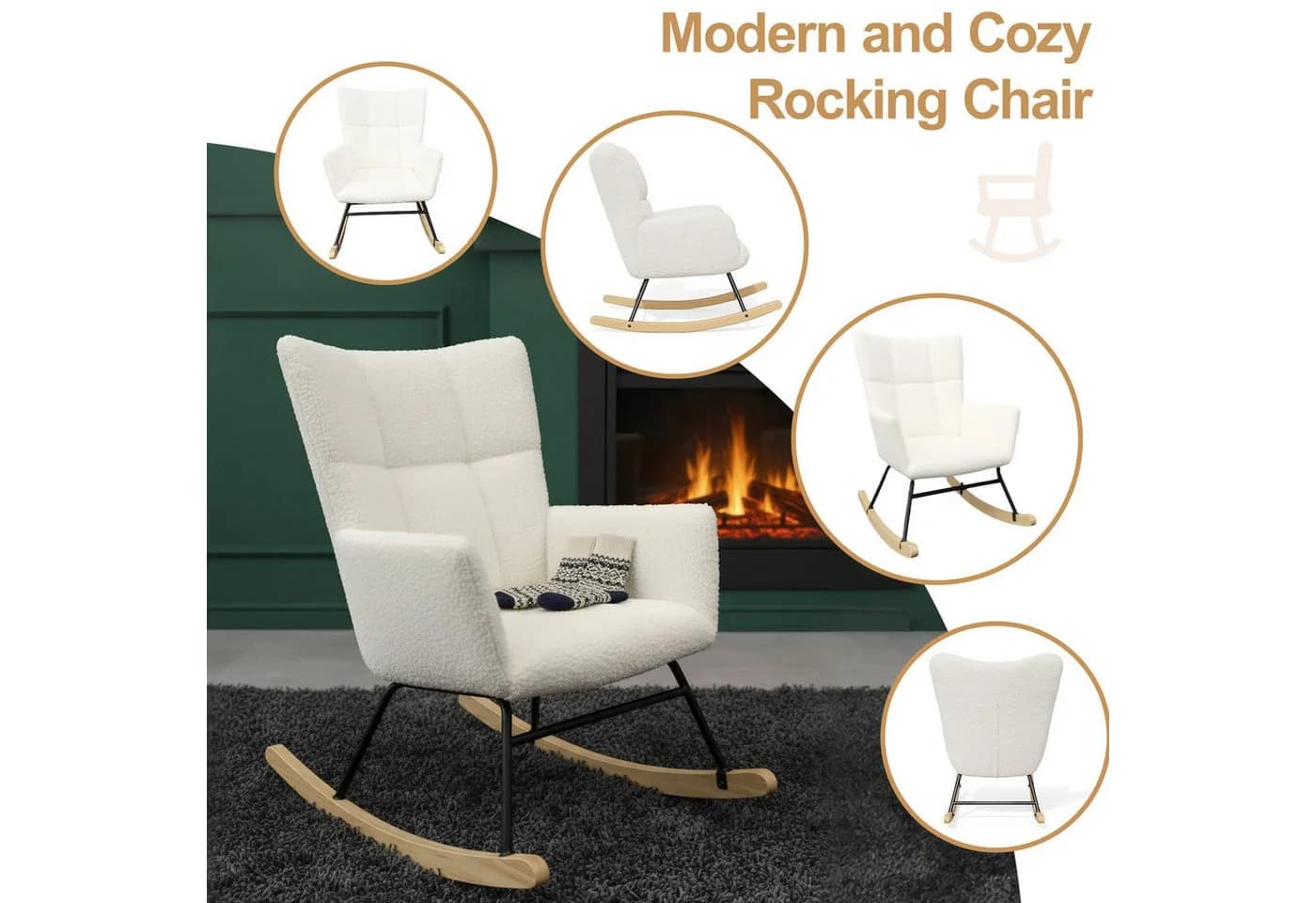 oyajia Schaukelstuhl Stillsessel Relaxsessel Loungesessel Teddysamt Metallgestell Holzsockel - Bild 5