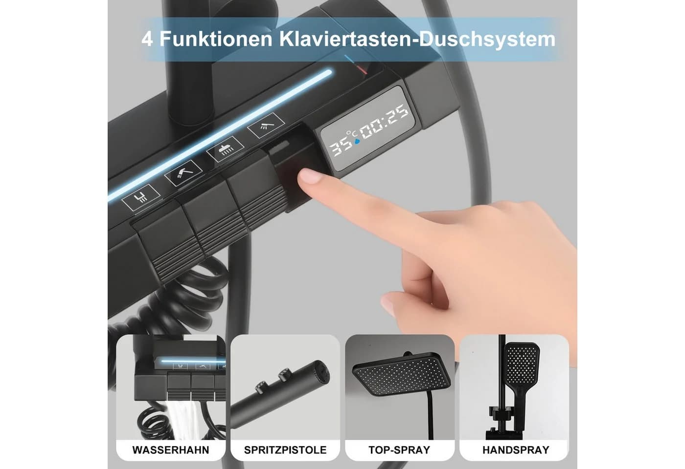 oyajia Brausegarnitur Duschsystem Warm/Kalt mit Klaviertasten & Digitaler Temperaturanzeige, 4 Strahlarten, Regendusche mit LED-Stimmungslicht, Höhenverstellbares Duschrohr - Bild 3