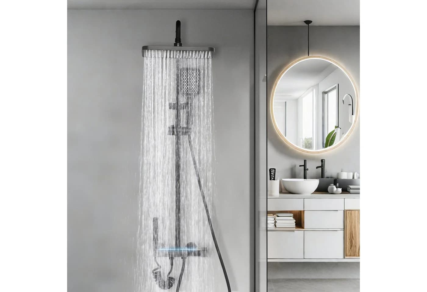 oyajia Brausegarnitur Duschsystem Warm/Kalt mit Klaviertasten & Digitaler Temperaturanzeige, 4 Strahlarten, Regendusche mit LED-Stimmungslicht, Höhenverstellbares Duschrohr - Bild 4