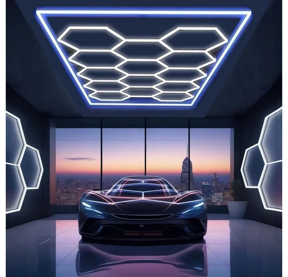 oyajia LED Dekolicht 14er-Pack Hexagon LED Garagenleuchte Rahmen Blau LED Garage Light Kaltweiß+Blau DIY LED Dekolicht für Garage Studio Friseursalons Auto-Detailing-Shop - Bild 2