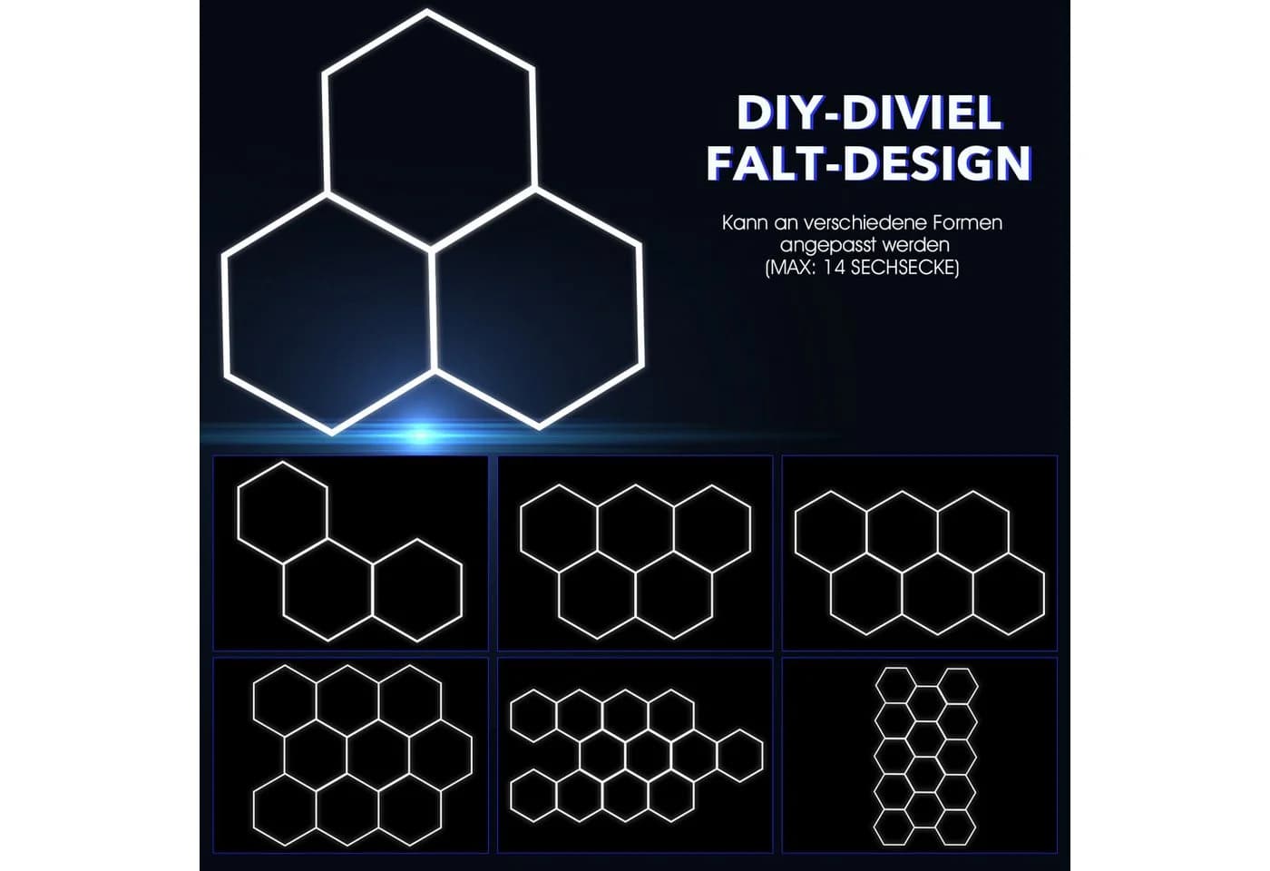 oyajia LED Dekolicht 14er-Pack Hexagon LED Garagenleuchte Rahmen Blau LED Garage Light Kaltweiß+Blau DIY LED Dekolicht für Garage Studio Friseursalons Auto-Detailing-Shop - Bild 4
