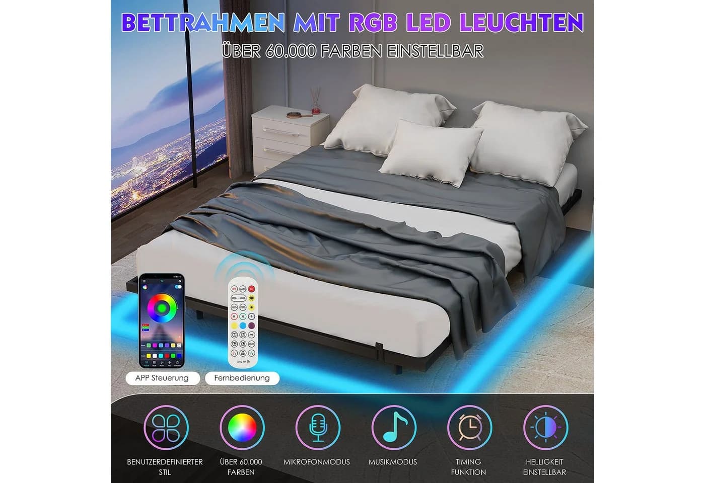 oyajia Doppelbett 140x200cm LED-Bettrahmen Modern Metallbett Schwarz
