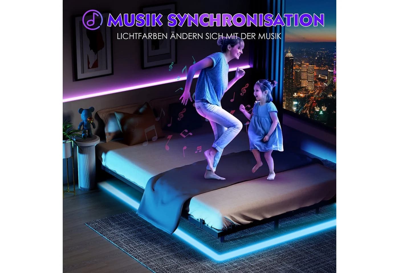 oyajia Doppelbett 140x200cm LED-Bettrahmen Modern Metallbett Schwarz - Bild 5