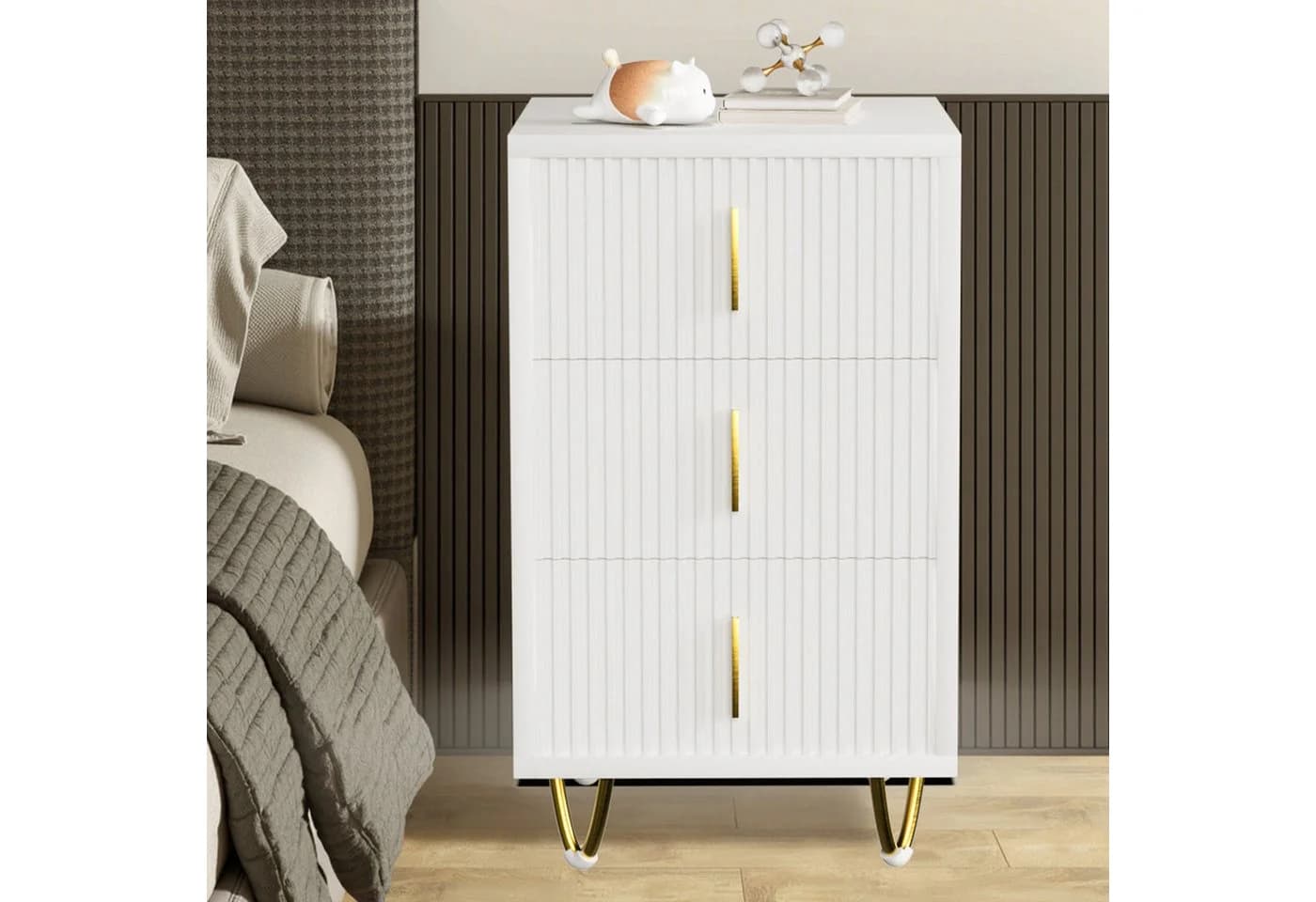 oyajia Nachttisch Nachtschrank mit 3 Schubladen, Beistelltisch, Nachtkommode, Metallfüße, Weiß - Bild 3
