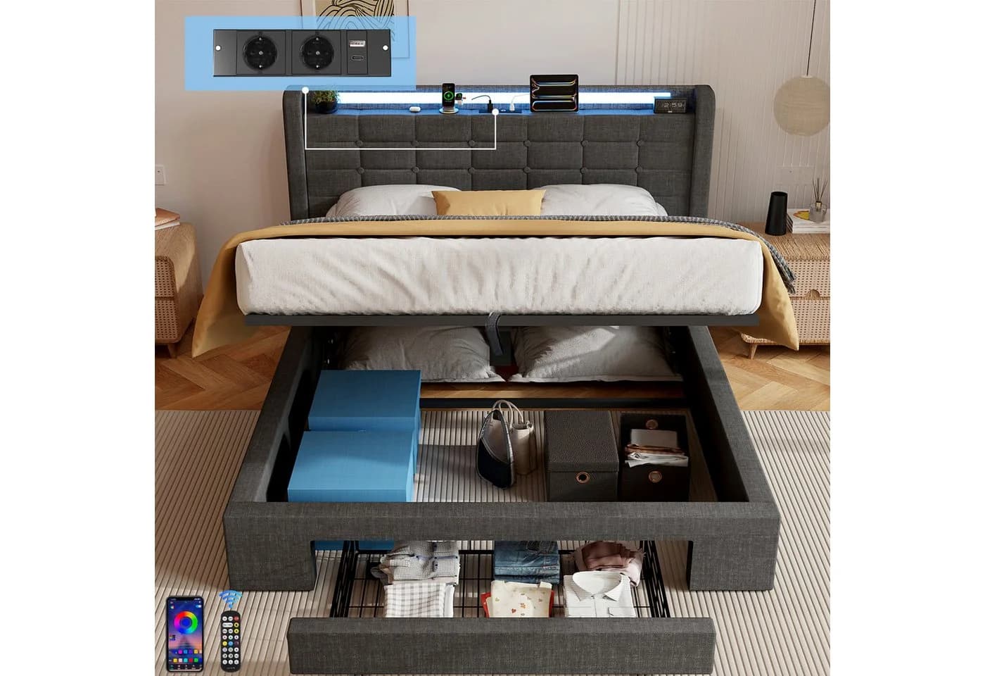 oyajia Polsterbett Doppelbett LED-Beleuchtung Grau - Bild 3
