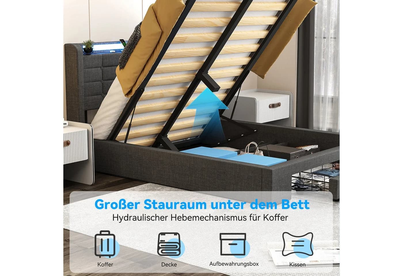 oyajia Polsterbett Doppelbett LED-Beleuchtung Grau - Bild 4