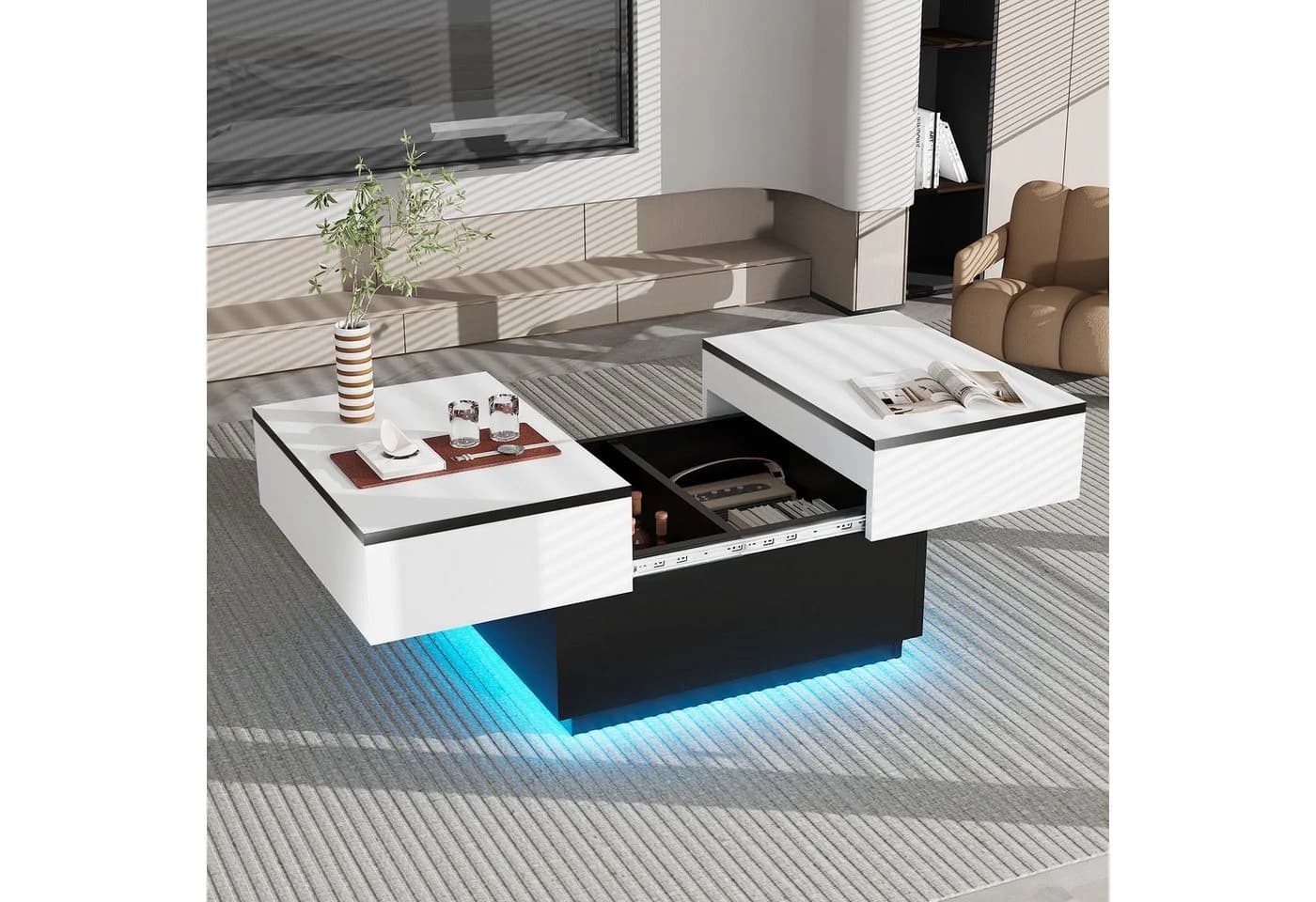 oyajia Couchtisch Wohnzimmertisch Hochglanz mit LED Beleuchtung & Fernsteuerung