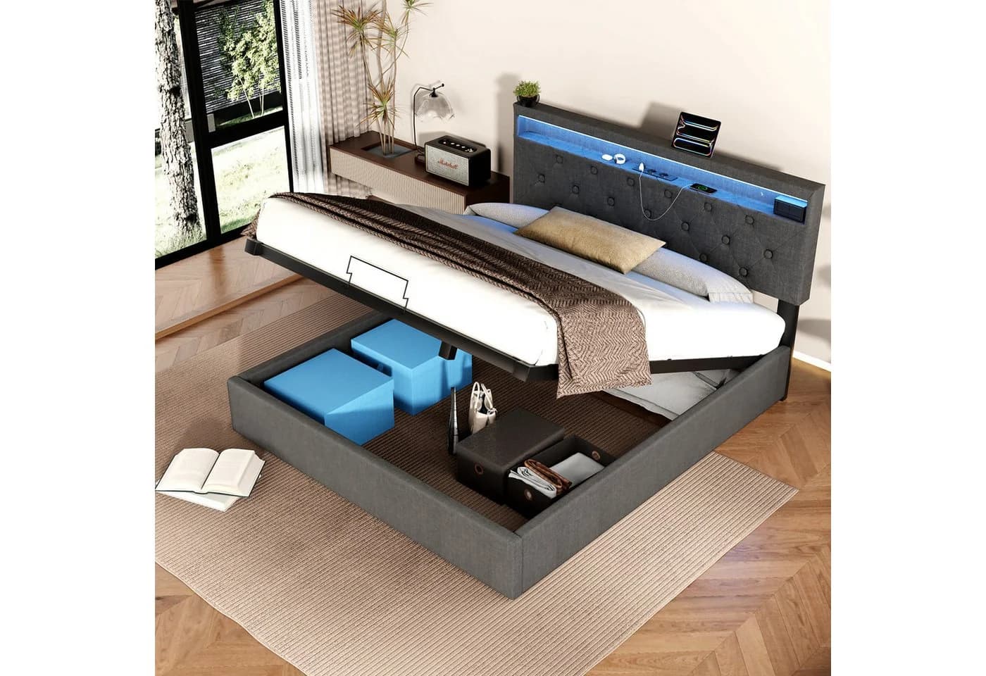oyajia Doppelbett 140/160x200 cm mit Hydraulikstange, LED-Beleuchtung & Ladestation