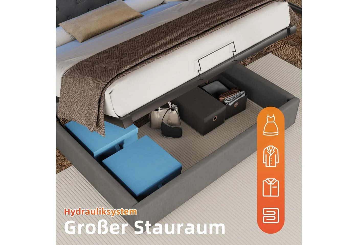 oyajia Doppelbett 140/160x200 cm mit Hydraulikstange, LED-Beleuchtung & Ladestation - Bild 4