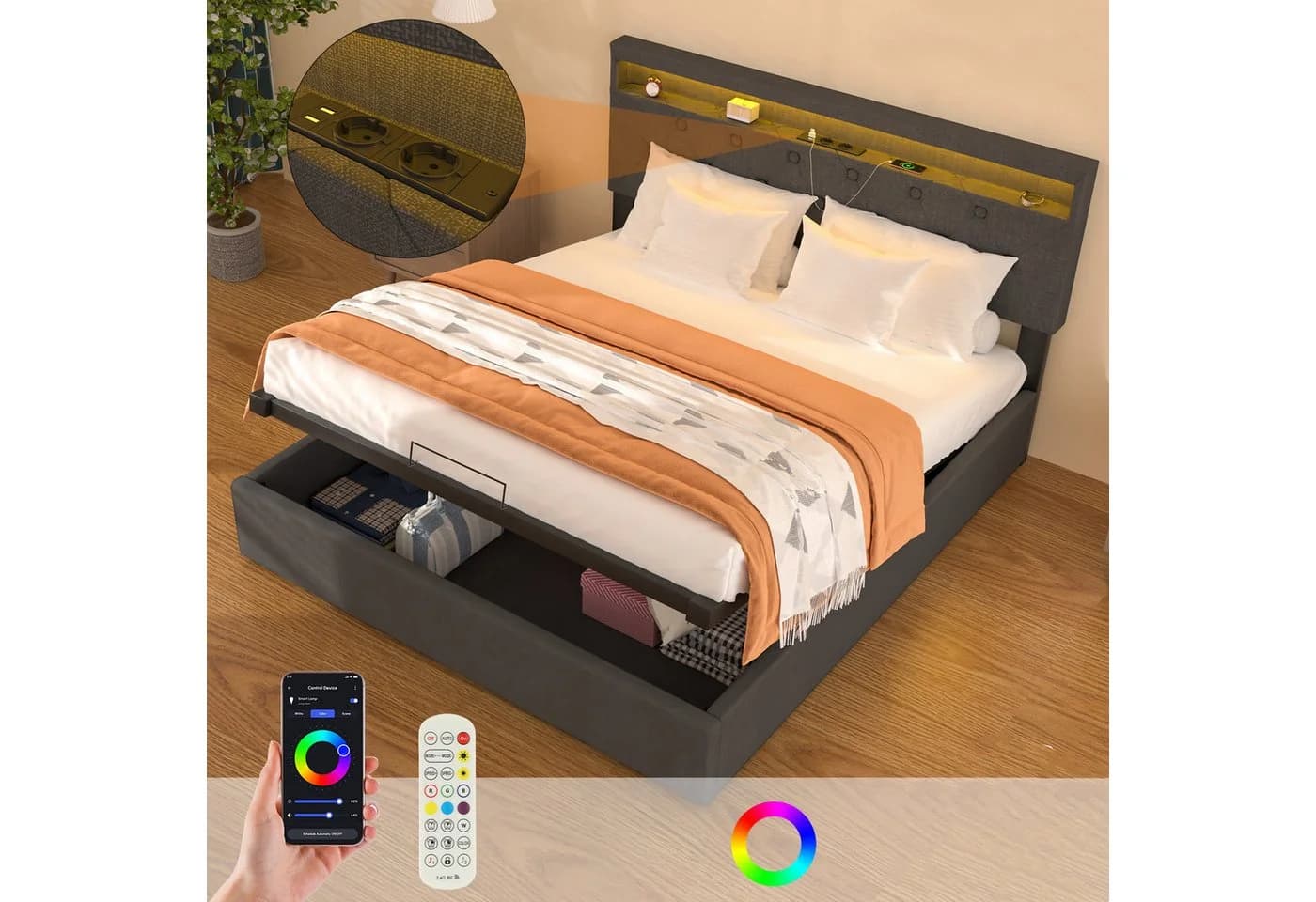 oyajia Stauraumbett LED Doppelbett Grau - Bild 2