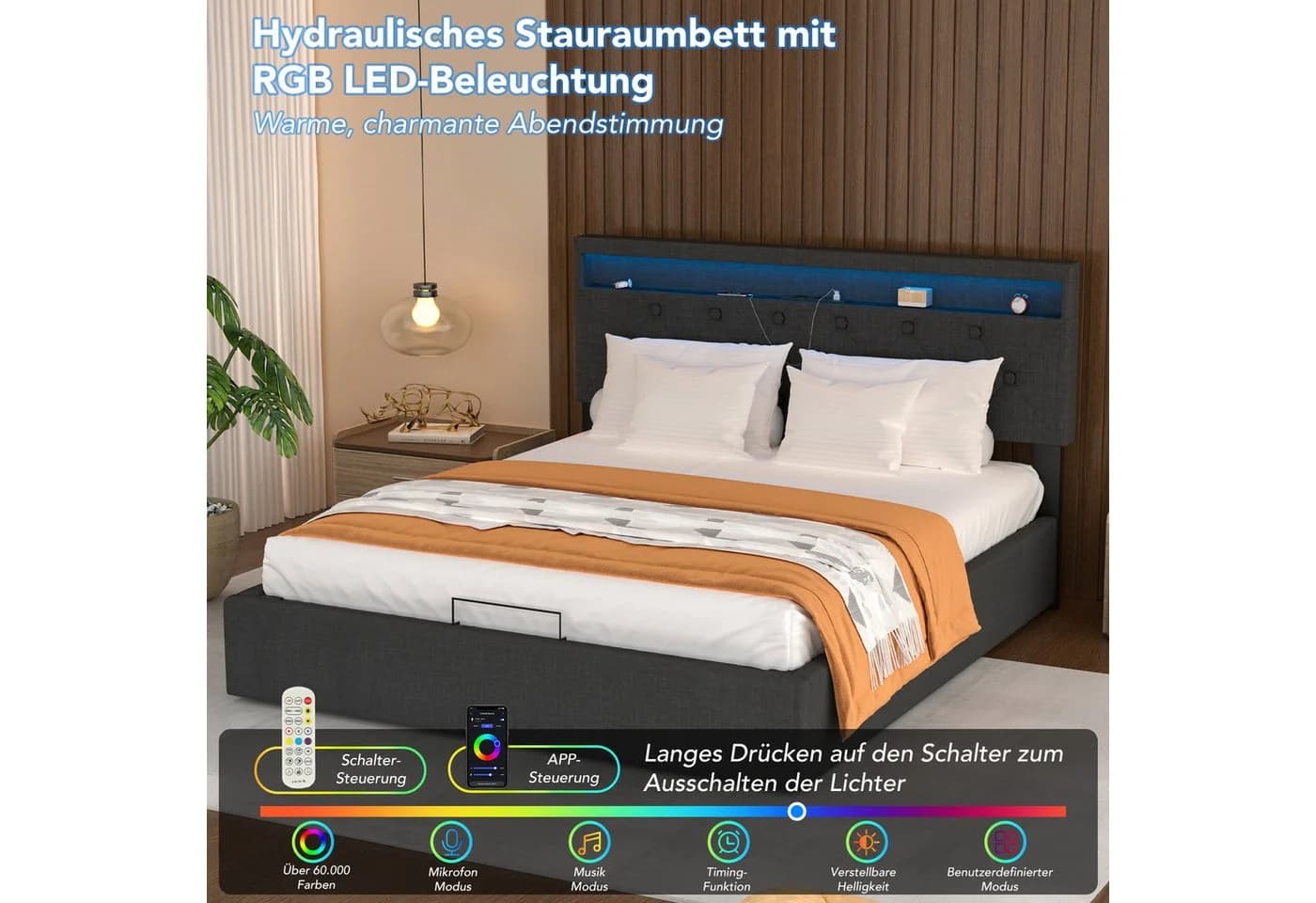 oyajia Stauraumbett LED Doppelbett Grau - Bild 3