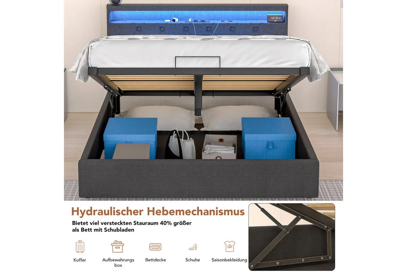 oyajia Stauraumbett LED Doppelbett Grau - Bild 4