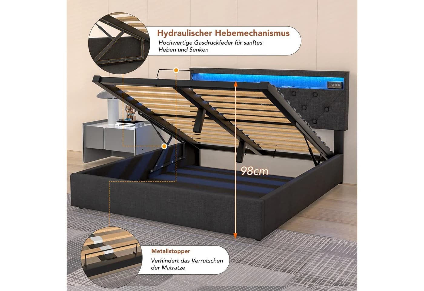 oyajia Stauraumbett LED Doppelbett Grau - Bild 5