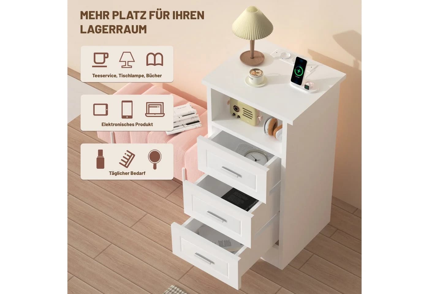 oyajia Nachttisch mit LED-Beleuchtung und Ladefunktion USB & Type-C, Nachtschrank mit 2 Schubladen und 1 offener Ablage