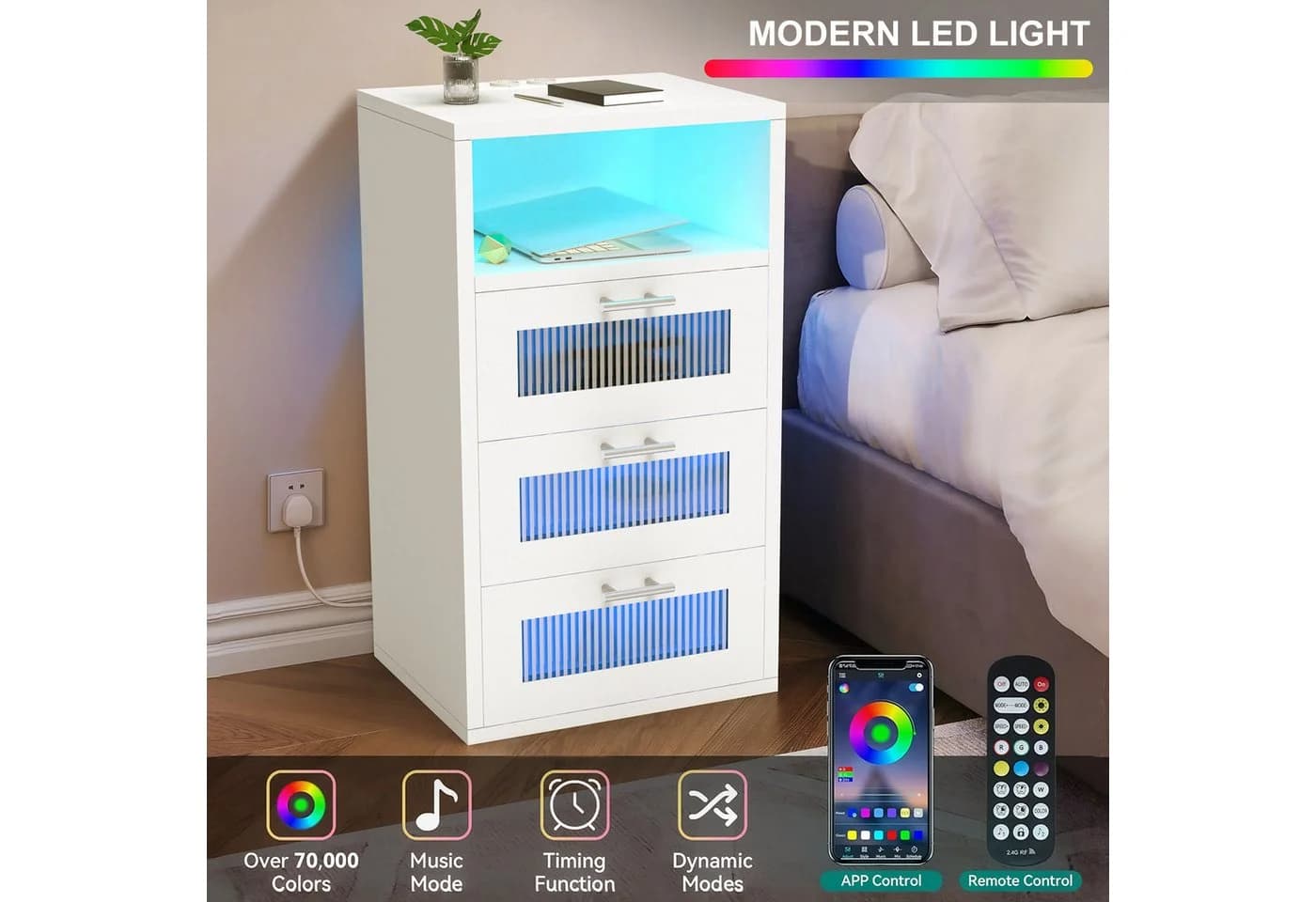 oyajia Nachttisch mit LED, USB und Typ-C, Weiß/Schwarz - Bild 4