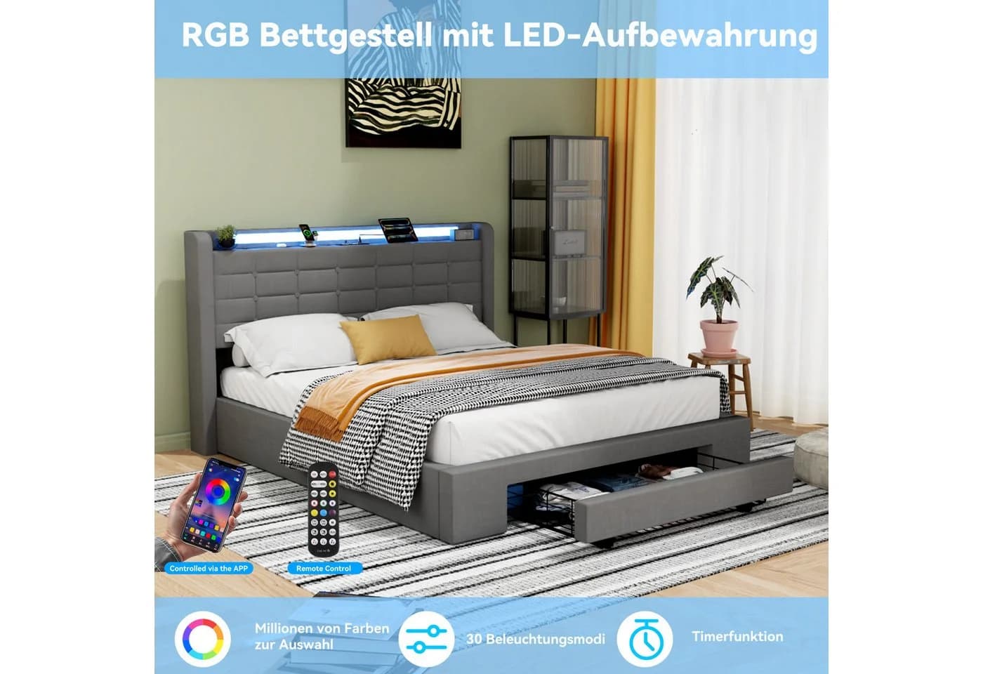 oyajia Stauraumbett LED Hydraulisches Doppelbett 140x200cm Grau - Bild 3