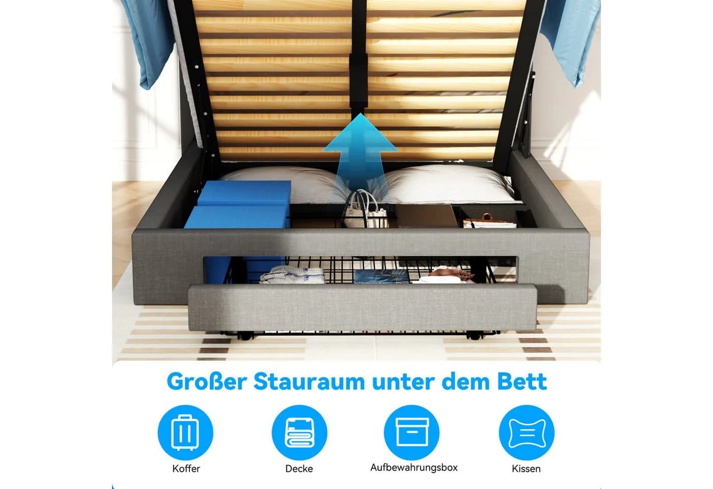oyajia Stauraumbett LED Hydraulisches Doppelbett 140x200cm Grau - Bild 5