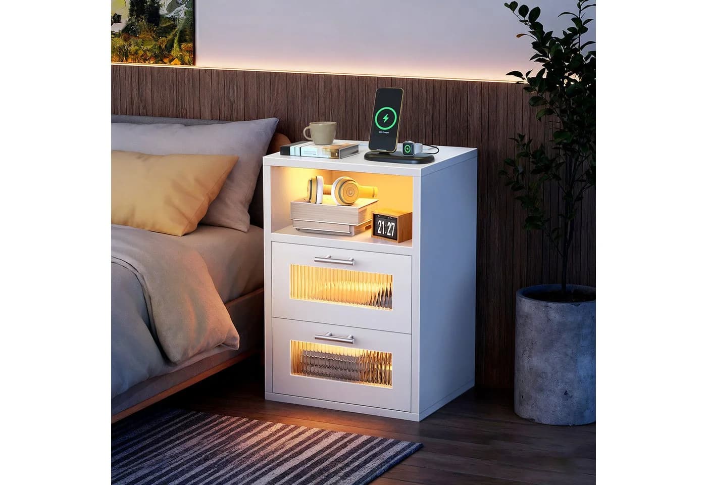 oyajia Nachtkommode Nachttisch mit LED-Beleuchtung, Steckdosen, 2 Schubladen, Weiß