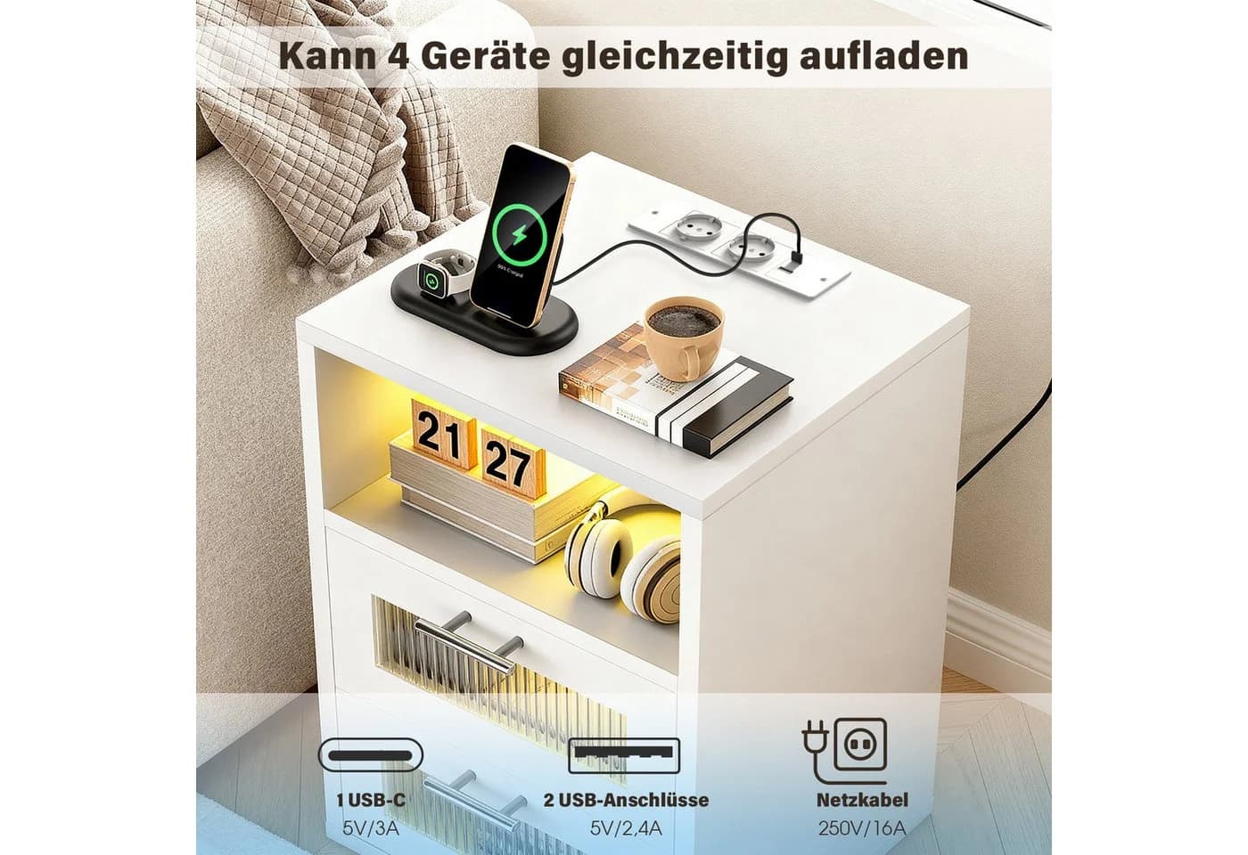 oyajia Nachtkommode Nachttisch mit LED-Beleuchtung, Steckdosen, 2 Schubladen, Weiß - Bild 3