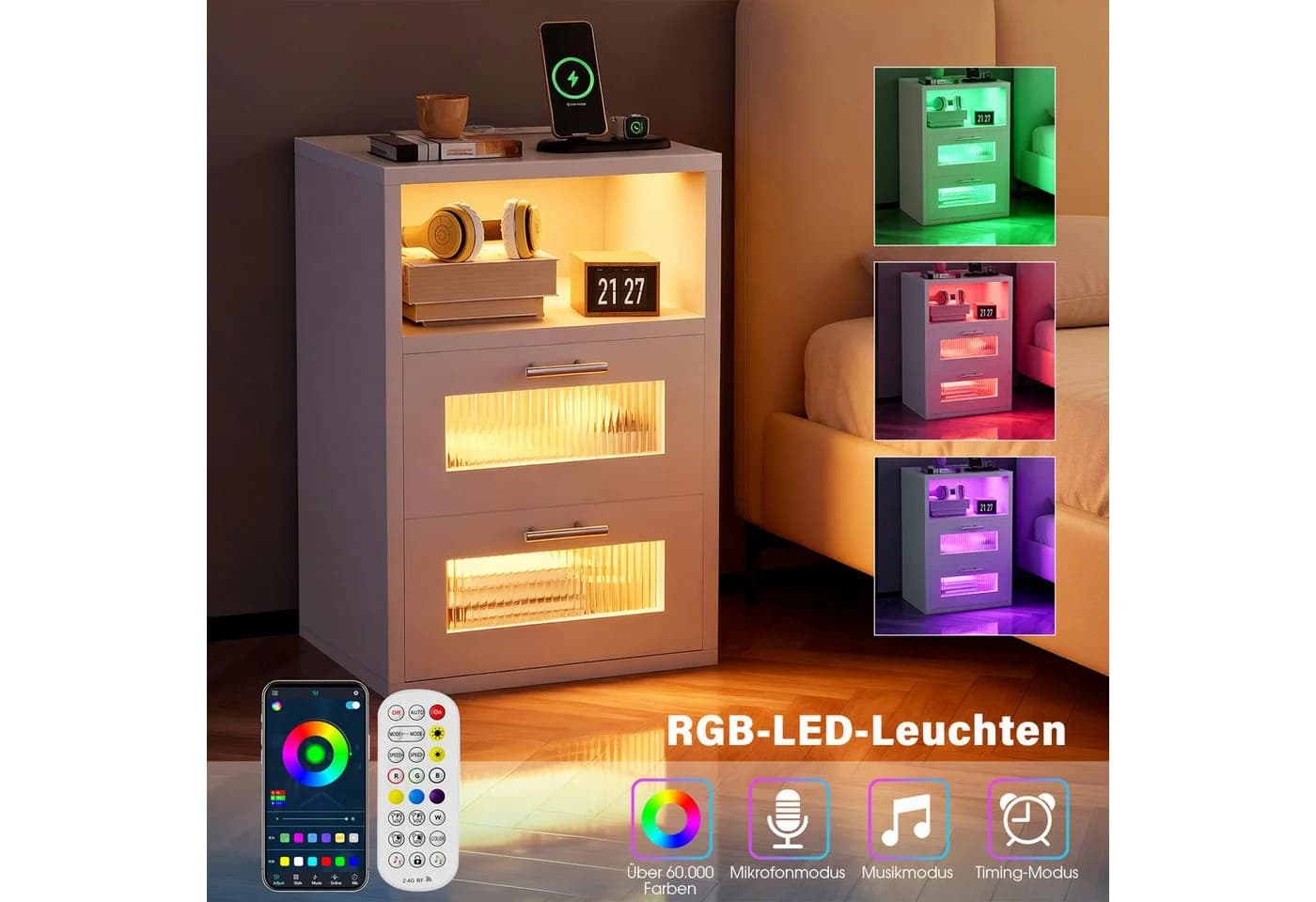 oyajia Nachtkommode Nachttisch mit LED-Beleuchtung, Steckdosen, 2 Schubladen, Weiß - Bild 4